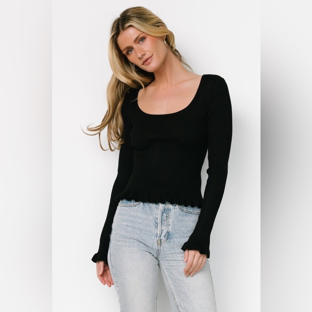 Baltic Born Black Fitted Ribbed Long Sleeve Blouse NWT
